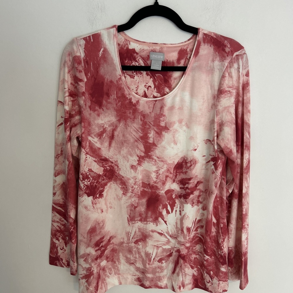Chico's Sz 1  Pink Tie-Dye Longsleeve Jersey Knit Tunic‎ Top Stretch Lightweight